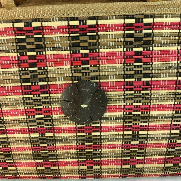 Mid Century Modern Handmade Purse Woven Straw Wood u Lined Wood Handle MCM u - Picture 2 of 11